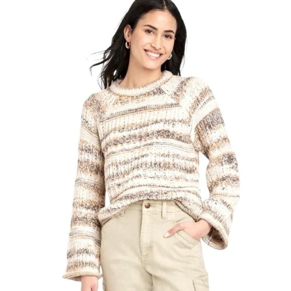 Universal Thread Crew Neck Flare Sleeve Loose Knit Chunky Sweater Cream Gray XL